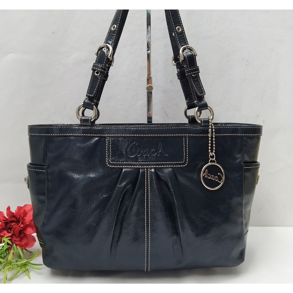 Coach Legacy Midnight Blue Patent Leather Turnlock Double Handles Tote Bag - Picture 1 of 16